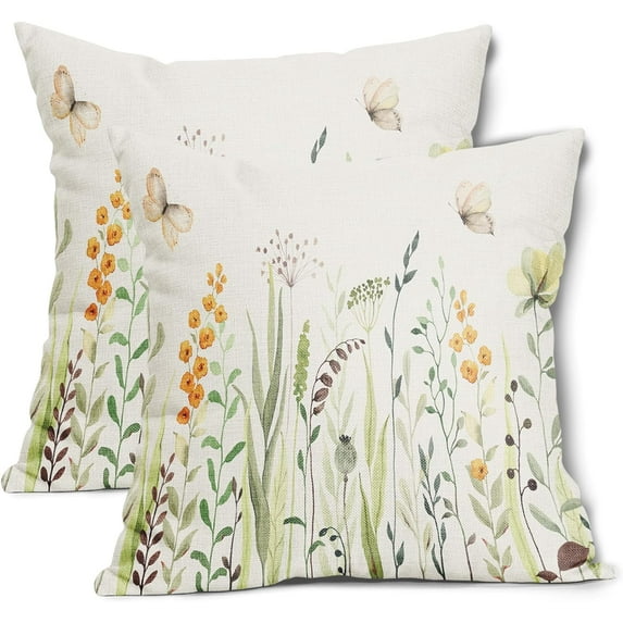 Spring Summer Floral Pillow Covers 16X16 Inch Yellow Flowers Green Leaves Butterfly Decorative Pillow Cases Set of 2 Cotton Linen Throw Pillows Farmhouse Home Decor For Sofa Couch Cushion Outdoor