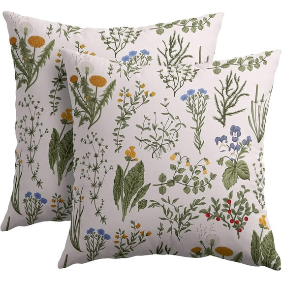 Spring Summer Floral Pillow Covers 16x16 Inch Set of 2 Sage Green Herbs Yellow Red Blue Flowers Decorative Throw Pillows Botanical Leaf Pillow Cases Farmhouse Home Decor for Sofa Couch Outdoor