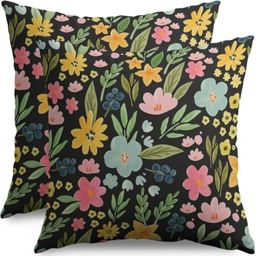 Spring Summer Floral Pillow Covers 16x16 Set of 2 Cute Yellow Pink Blue Wild Flower Botanical Print Black Decorative Throw Pillow Cases Outdoor Seasonal Farmhouse Decor for Sofa Couch Bed