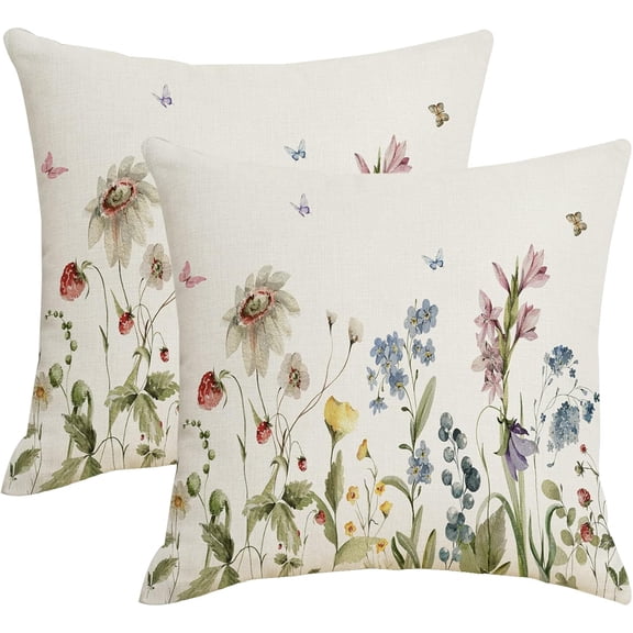 Spring Summer Floral Pillow Covers 18x18 Inch Sage Green Wild Flower Leaf Throw Pillows Cover Set of 2 Farmhouse Plant Pillowcase Outdoor Linen Decorative Square Cushion Cover for Couch Bed Sofa Decor