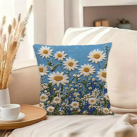 Spring Summer Floral Pillow Covers 18x18 Inch, Yellow Daisy Flower with Green Leaf on Blue Throw Pillow Covers Decorative Pillow Cases for Couch Living Room Sofa Bed Cushion Cases