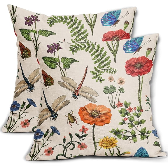 Spring Summer Floral Pillow Covers 20x20 Inch Set of 2 Colorful Wildflowers Butterfly Dragonfly Botanical Print Decorative Throw Pillows Seasonal Pillow Cases Couch Bed Sofa Decor