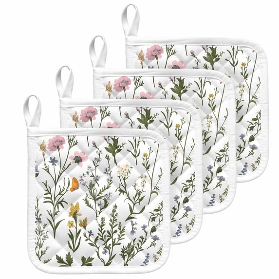 Spring Summer Floral Pot Holders for Kitchen Heatproof Potholder, 4 Pack Farmhouse Botanical Butterflies Hot Pads Multipurpose Oven Pads Cloth Potholders Trivet for Cooking and Baking