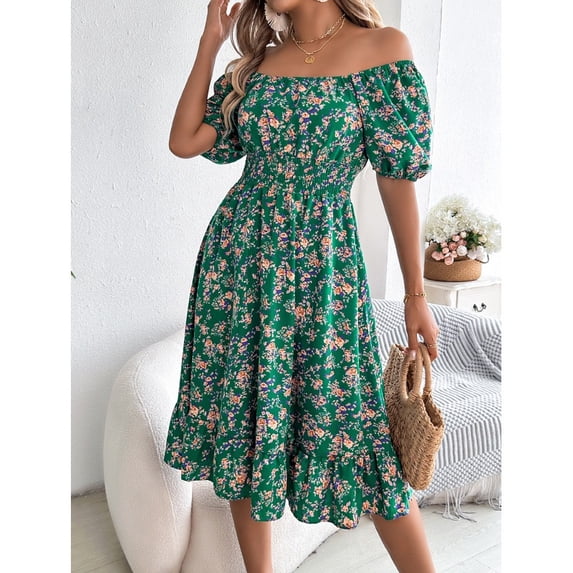 Spring/Summer Floral Print Square Neck Short Sleeve Waist-Cinching Ruffle Hem A-Line Dress