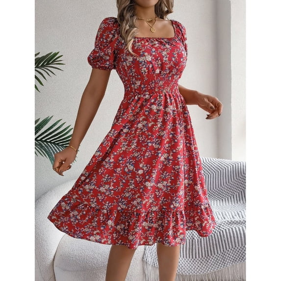 Spring/Summer Floral Print Square Neck Short Sleeve Waist-Cinching Ruffle Hem A-Line Dress