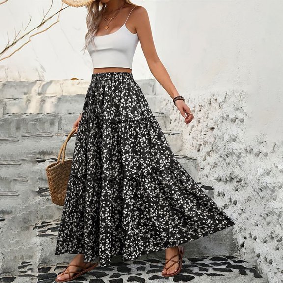Spring/Summer Floral Print Three-Layer Patchwork Long Skirt with Belt
