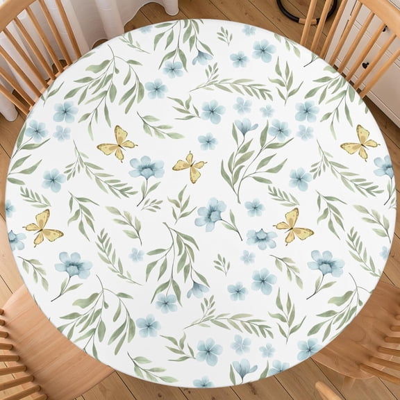 Spring Summer Floral Round Fitted Tablecloth with Elastic Edge 40-44 Inch Blue Flowers and Butterfly Table Cover Washable Holiday Table Cloth for Kitchen Dining Party Patio Picnic