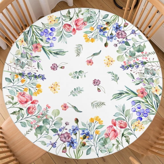Spring Summer Floral Round Fitted Tablecloth with Elastic Edge 48-52 Inch Colourful Flowers Pattern Table Cover Washable Holiday Table Cloth for Kitchen Dining Party Patio Picnic