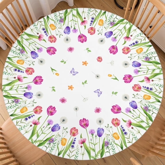 Spring Summer Floral Round Fitted Tablecloth with Elastic Edge Easter Tulip Flower Table Cover for 40"-44" Rustic Stretch Table Cloth for Dining Room Party Picnic