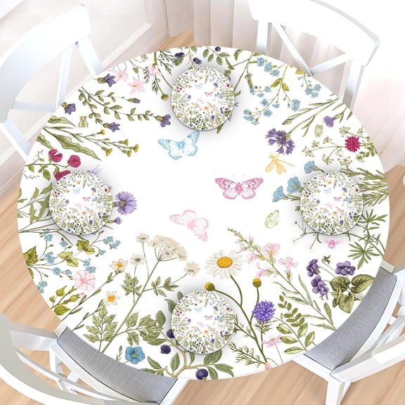 Spring Summer Floral Round Fitted Tablecloth with Elastic Edge Sage Green Flowers Leaf Butterfly Table Cover for 48-52" Stretch Table Cloth with Leather Coasters of 4 for Dinner Indoor Outdoor Party