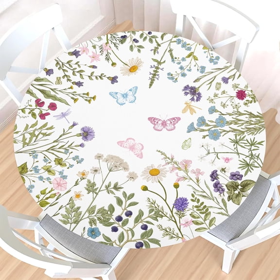 Spring Summer Floral Round Fitted Tablecloth with Elastic Edge,Water-Resistant Wipeable Sage Green Flowers Leaf Butterfly Table Cover for 44-48" Stretch Table Cloth for Dinner Indoor Outdoor Party