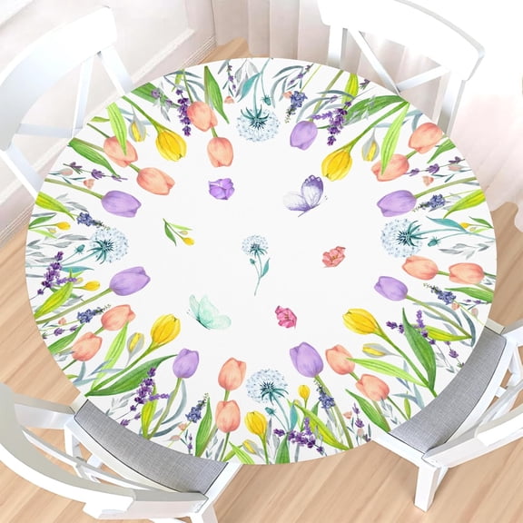 Spring Summer Floral Round Fitted Tablecloth with Elastic Edge,Water-Resistant Wipeable Tulip Lavender Flowers Butterfly Easter Table Cover for 40-44" Stretch Table Cloth for Dinner Indoor Outdoor