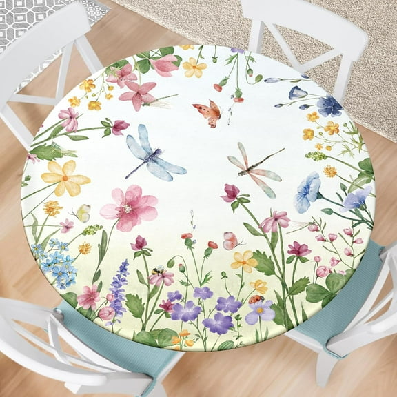 Spring Summer Floral Round Fitted Tablecloth with Elastic Waterproof Outdoor Tablecloth Wipeable Table Cover for Indoor Kitchen Home Party Fits 44-48" Diameter Round Tables