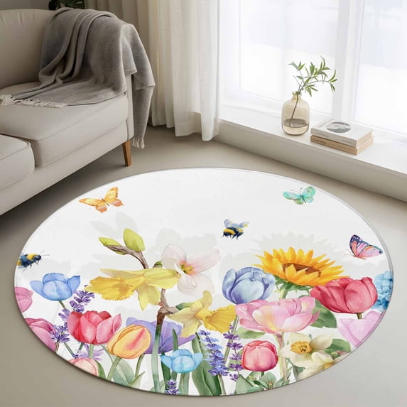 Spring Summer Floral Round Living Room Rugs 4 ft, Watercolor Sunflowers Tulip Romantic Butterfly Bee Washable Area Rug with Non-Slip Sturdy Edge Binding Round Carpet for Entryway Kitchen Bathroom