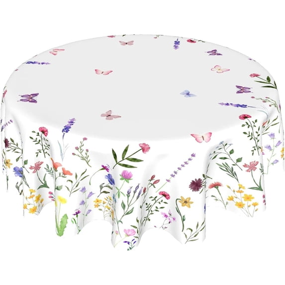 Spring Summer Floral Round Tablecloth 60 Inch Wildflower Leaf Butterfly Table Cloth Rustic Vintage Farmhouse Polyester Cover Decorative for Easter Holiday Indoor Outdoor Kitchen Dining Party