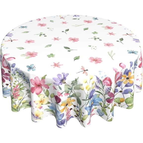 Spring Summer Floral Round Tablecloth 60x60 Inch Watercolor Flower Green Leaf Decorative Table Cloth Washable Polyester Fabric Farmhouse Holiday Tablecloths for Home Kitchen Party Dinner Decor