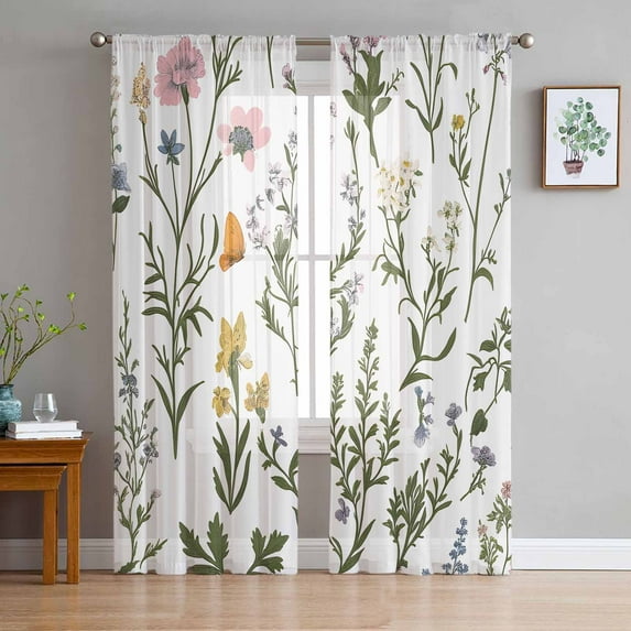 Spring Summer Floral Sheer Curtains 63 Inches Length 2 Panels Set, Window Sheer Curtains for Living Room/Bedroom, Farmhouse Botanical Butterflies Light Filtering Rod Pocket Curtain 52'' x 63'' x 2