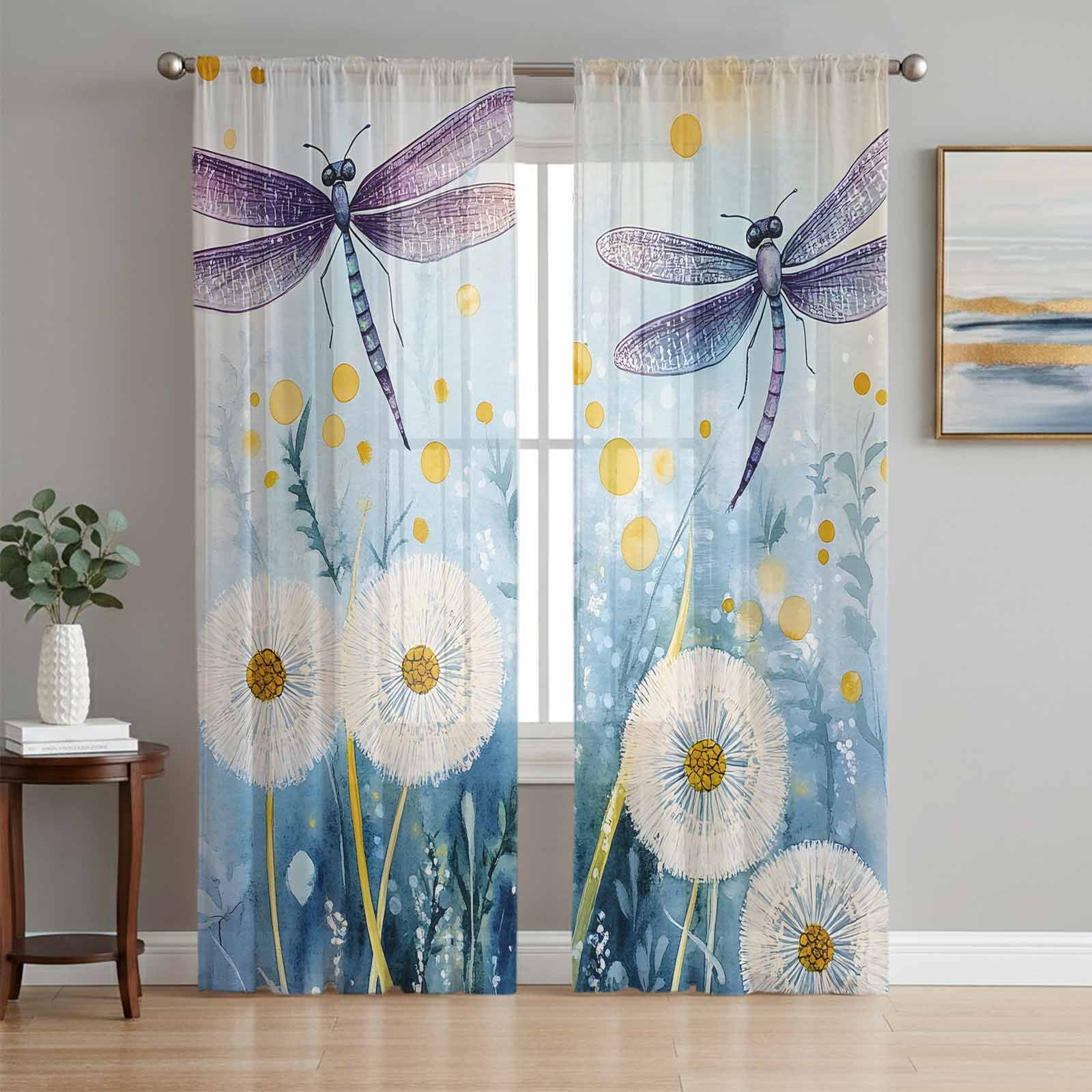 Spring Summer Floral Sheer Curtains 96 Inch Length 2 Panels Set ...