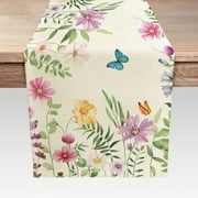 Spring Summer Floral Table Runner, Colorful Flowers and Butterfly Kitchen Dining Table Decoration for Holidays, Linen Flowers Leaves Farmhouse Table Decor Runners13X36 IN