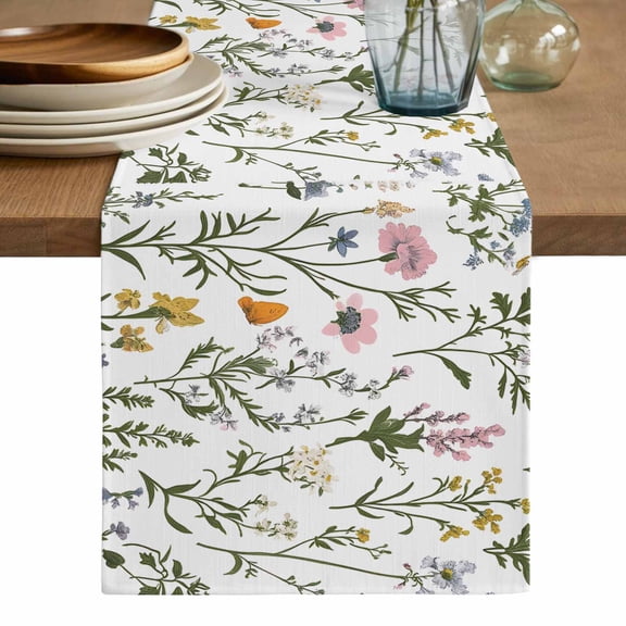 Spring Summer Floral Table Runner, Farmhouse Botanical Butterflies Washable Cotton Linen Table Runners 36 Inches Long, Dresser Scarf Runner for Nightstand/End Tables/Round Tables 13''x36''