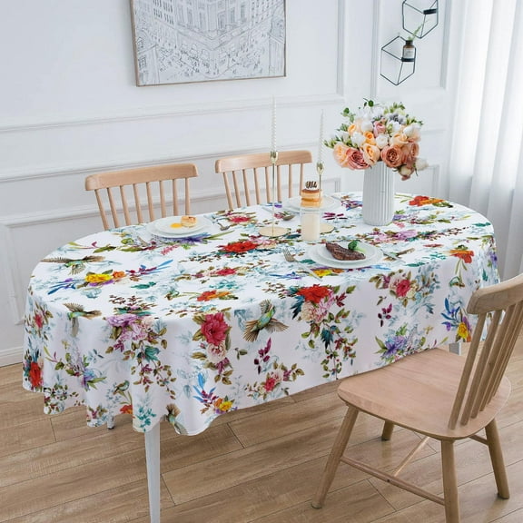 Spring Summer Floral Tablecloth Oval 52x70 Inch, Outdoor Tablecloth Vintage Birds Flower Table Cloth Decor for Dinner Party Picnic