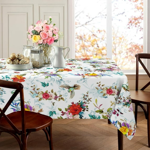 Spring Summer Floral Tablecloth Rectangle 60x102 Inch, Outdoor Tablecloth Vintage Birds Flower Table Cloth Decor for Dinner Party Picnic