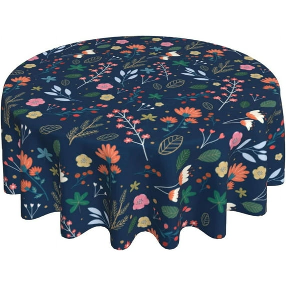 Spring Summer Floral Tablecloth Round 60 Inch Farmhouse Navy Blue Background Wildflower Round Tablecloth Polyester Washable Table Cover Table Cloth for Kitchen Dining Room Picnic Patio Party