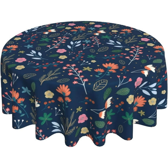 Spring Summer Floral Tablecloth Round 60 Inch Farmhouse Navy Blue Background Wildflower Round Tablecloth Polyester Washable Table Cover Table Cloth for Kitchen Dining Room Picnic Patio Party