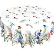 Spring Summer Floral Tablecloth Round 60 Inch Watercolor Butterfly Flower Table Cloth Washable Farmhouse Table Covers Kitchen Holiday Picnic Party Dinner Room Picnic Outdoor Decor, White-02