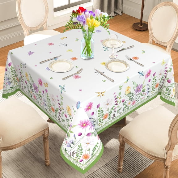 Spring Summer Floral Tablecloth Square 70 x 70 Inch, Flower Square Tablecloths Stain Resistant Wrinkle Free Wildflower Table Cloth for Dinner Party Picnic Decor