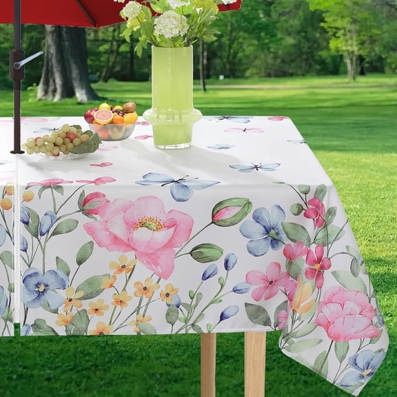 Spring Summer Floral Tablecloth with Umbrella Hole Rectangle Blooming Flower Watercolor Zippered Table Cloth, Washable Fabric Table Cover for Dining, Party, Picnic, Outdoor, Pink