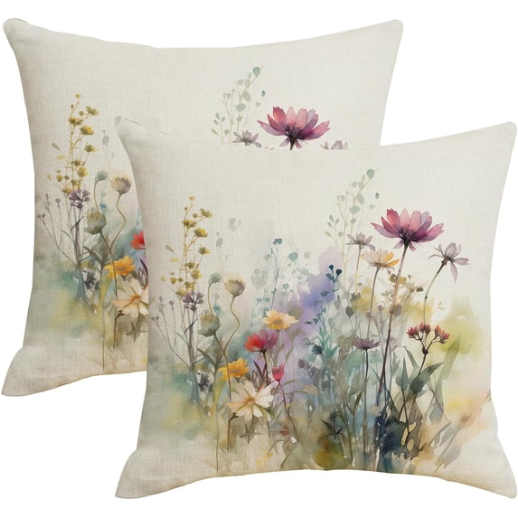 Spring Summer Floral Throw Pillow Covers 18x18 Set of 2 Colorful Wildflower Outdoor Pillows Cover Watercolor Flowers Rustic Farmhouse Linen Decorative Cushion Case for Couch Bed Decor