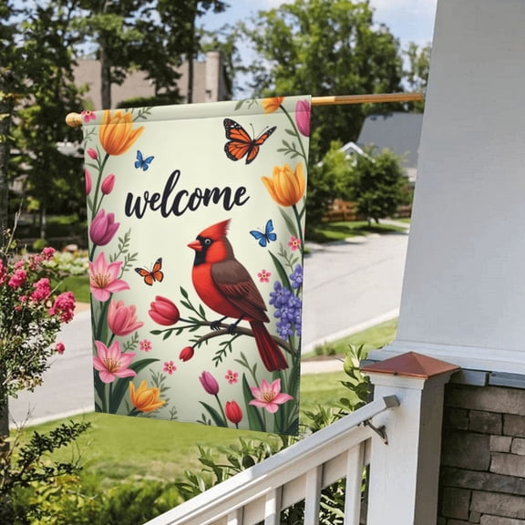 Spring Summer Floral Welcome Garden Flag Cardinal Red Bird Butterfly Flowers 12X18 Inch Double Sided Outside, Farmhouse Yard Outdoor Flag