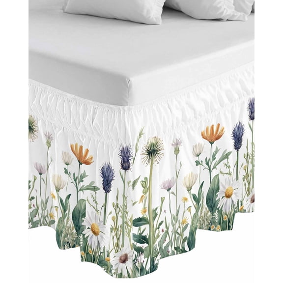 Spring Summer Floral Wrap Around Bed Skirts for Queen Bed 18" Drop, Bed Skirt with Adjustable Elastic Belt Dust Ruffle Bed Valance for Bedroom Hotel Luxury Farmhouse Botanical Flowers Bed Frame Cover