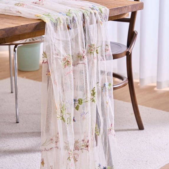 Spring Summer Florals Seasonal Tulle Table Runner Easter Decor Cheesecloth ,Lace Embroidery Table Runner for Home Party Indoor Decoration