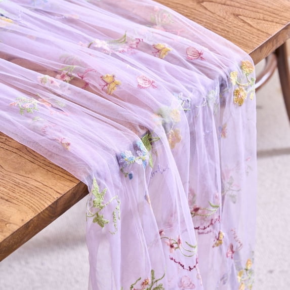 Spring Summer Florals Seasonal Tulle Table Runner Easter Decor Cheesecloth ,Lace Embroidery Table Runner for Home Party Indoor Decoration
