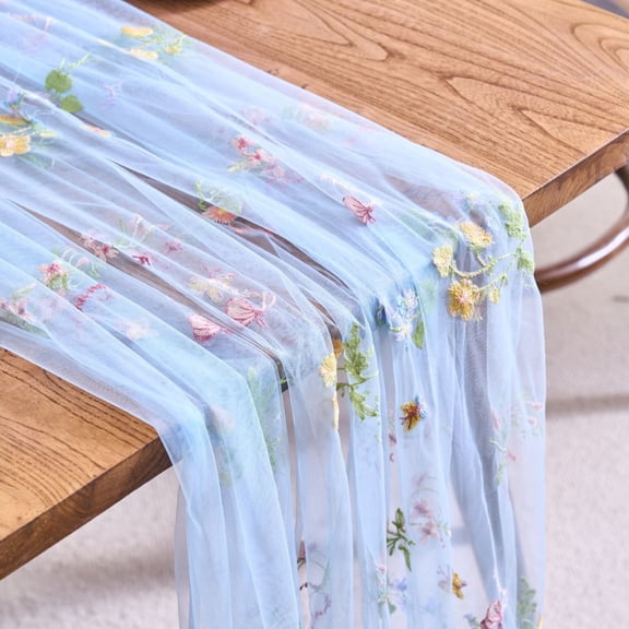 Spring Summer Florals Seasonal Tulle Table Runner Easter Decor Cheesecloth ,Lace Embroidery Table Runner for Home Party Indoor Decoration