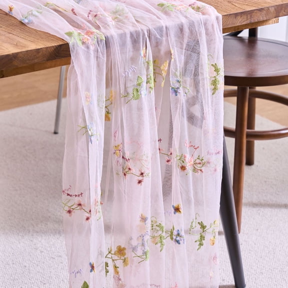 Spring Summer Florals Seasonal Tulle Table Runner,Lace Embroidery Table Runner for Home Party Indoor Decoration