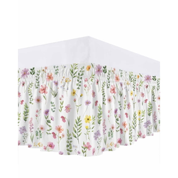 Spring Summer Flower Bed Skirt Queen Size 18 Inch Drop, Eucalyptus Leaves Countryside Adjustable Elastic Dust Ruffles Bedskirt for Queen Bed Wrap Around Pleated Mattress Frame Cover