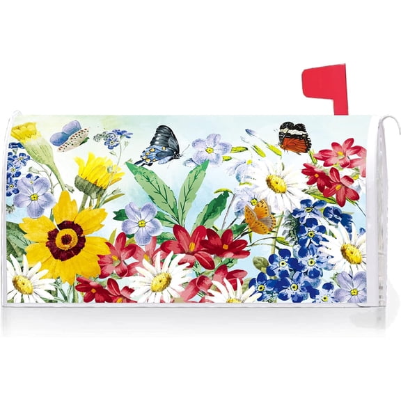Spring Summer Flower Butterfly Decoration Mailbox Cover with Magnetic Strip Colorful Floral Blooms Mailbox Wraps Post Letter Box Cover Standard Size 21" X 18" for Garden Outdoor Yard Decor