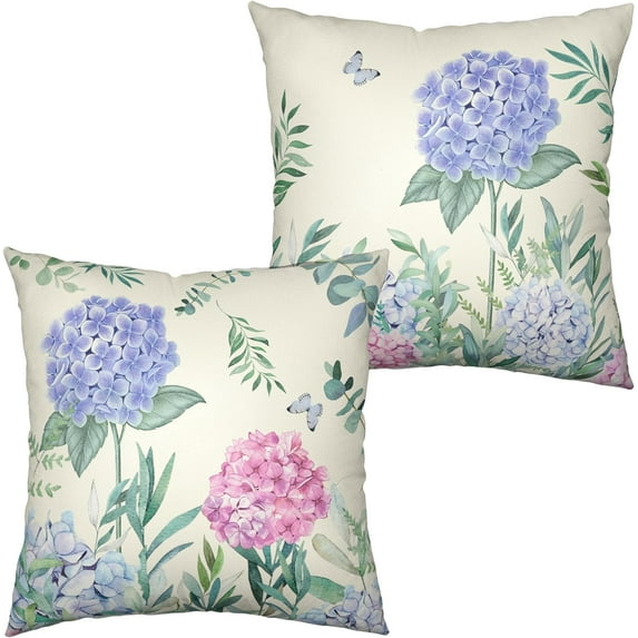 Spring Summer Flower Decorative Pillow Covers Pink and Blue Hydrangea Pillow Case 16x16 Floral Butterfly Cotton Linen Square Cushion Case for Sofa Patio Car 2 Pack