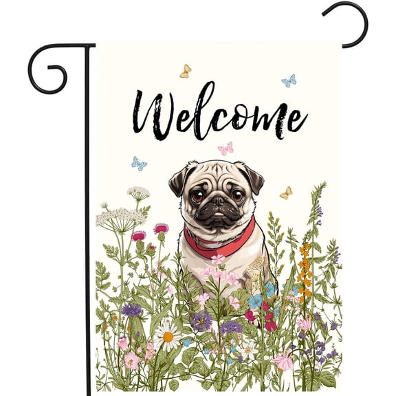 Spring Summer Flower Garden Flag Pug Outdoor Flag Floral Dog Garden Flags for Outside Small Yard Welcome Flags 12x18 Double Sided