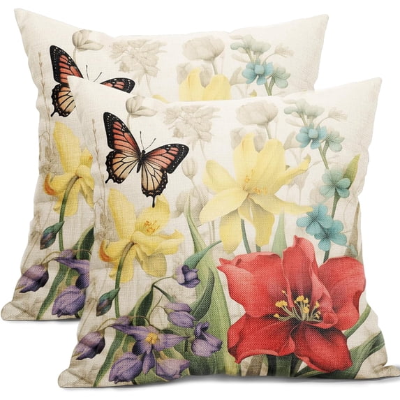 Spring Summer Flower Outdoor Decorative Pillow Covers 18x18 Inch Set of 2 Floral Butterfly Throw Pillows Spring Farmhouse Pillowcases Cushion Covers for Couch Bed Sofa Chair Home Decor