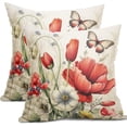 thumbnail image 1 of Spring Summer Flower Pillow Covers 18x18 Inch Set of 2 Red Floral Butterfly Summer Outdoor Throw Pillows Spring Farmhouse Pillowcases Cotton Linen Cushion Covers for Couch Bed Sofa Chair Home Decor, 1 of 1