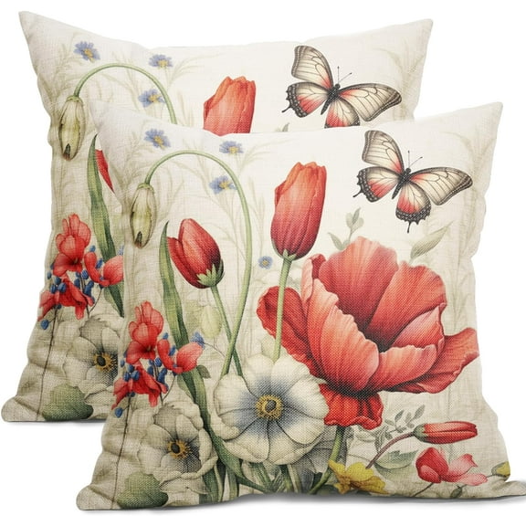 Spring Summer Flower Pillow Covers 18x18 Inch Set of 2 Red Floral Butterfly Summer Outdoor Throw Pillows Spring Farmhouse Pillowcases Cotton Linen Cushion Covers for Couch Bed Sofa Chair Home Decor