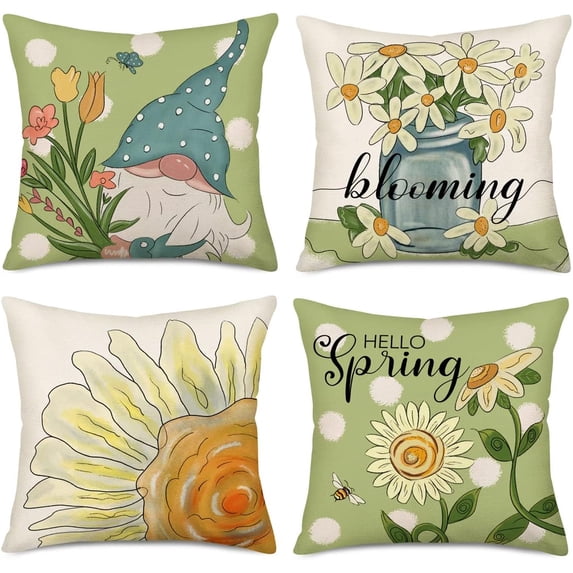 Spring Summer Flower Pillow Covers Set of 4 20x20 Inch Hello Spring Daisy Floral Blooming Gnomes Bee Butterfly Throw Pillow Cover Green and White Farmhouse Decoration Pillowcase