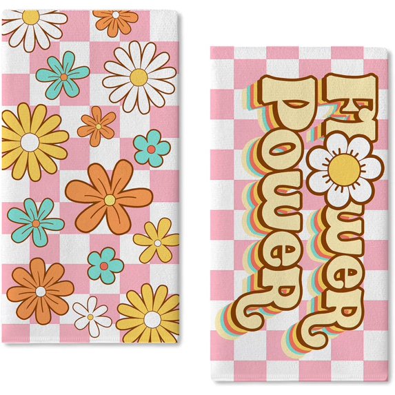 Spring Summer Flower Power Kitchen Dish Towels Set of 2, Daisy Floral Pink Plaid Farmhouse Hand Towels Drying Baking Cooking Cloth, Seasonal Home Kitchen Decor 18x26 Inch