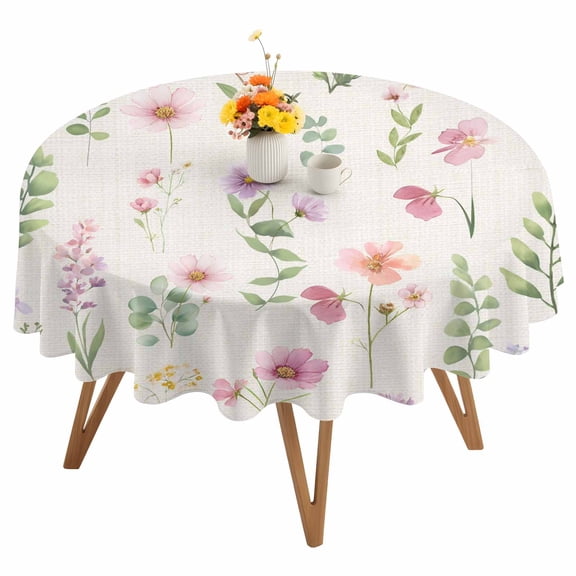 Spring Summer Flower Round Tablecloth 54 inches Eucalyptus Leaves Countryside Linen Waterproof Oil-Proof Table Cloth Round Table Cover for Holiday Party Picnic Dinner Decor Indoor and Outdoor Use
