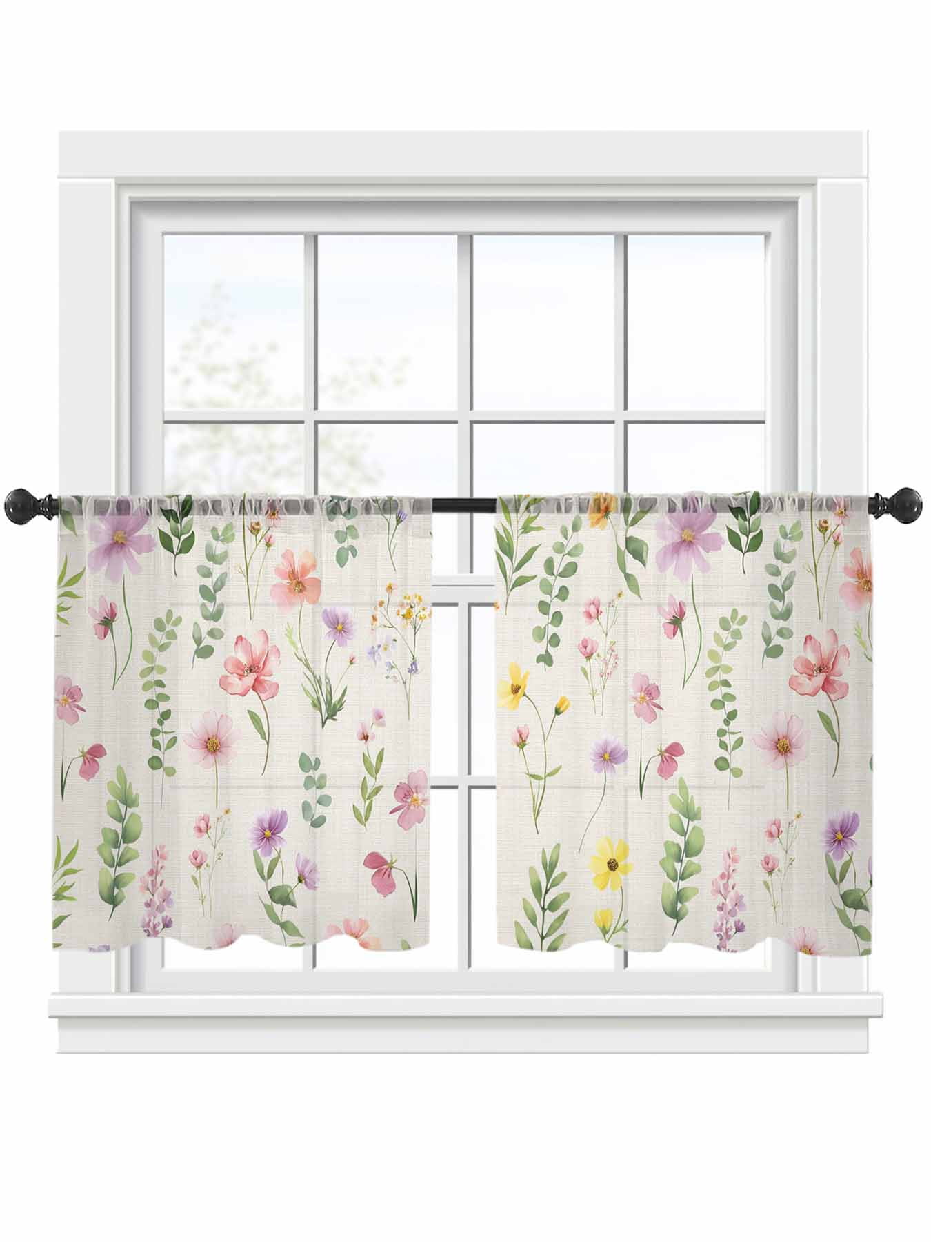 Spring Summer Flower Sheer Curtains 2 Panels Set Eucalyptus Leaves ...