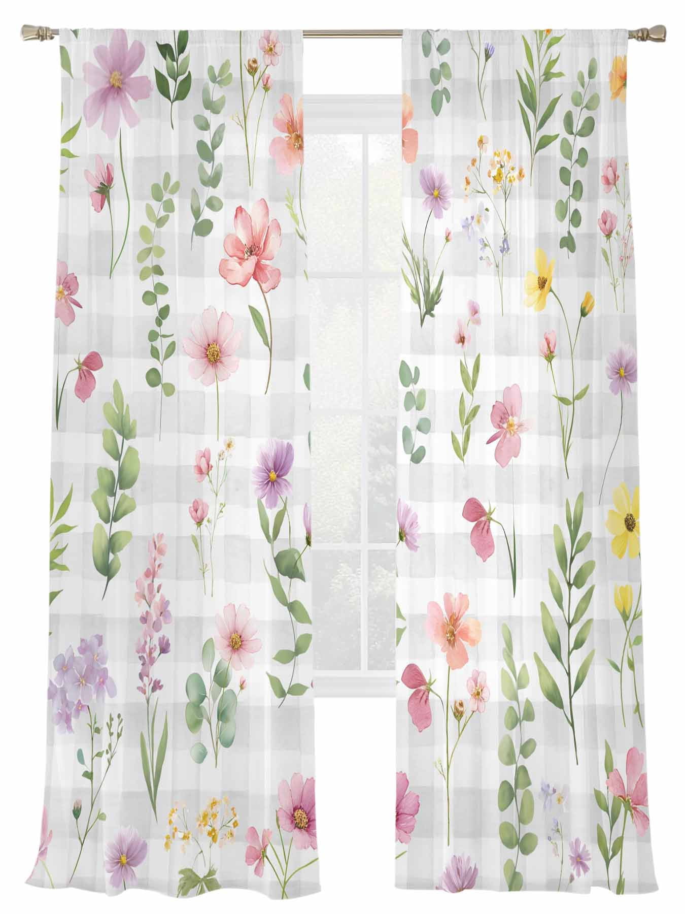 Spring Summer Flower Sheer Curtains 2 Panels Set Eucalyptus Leaves ...